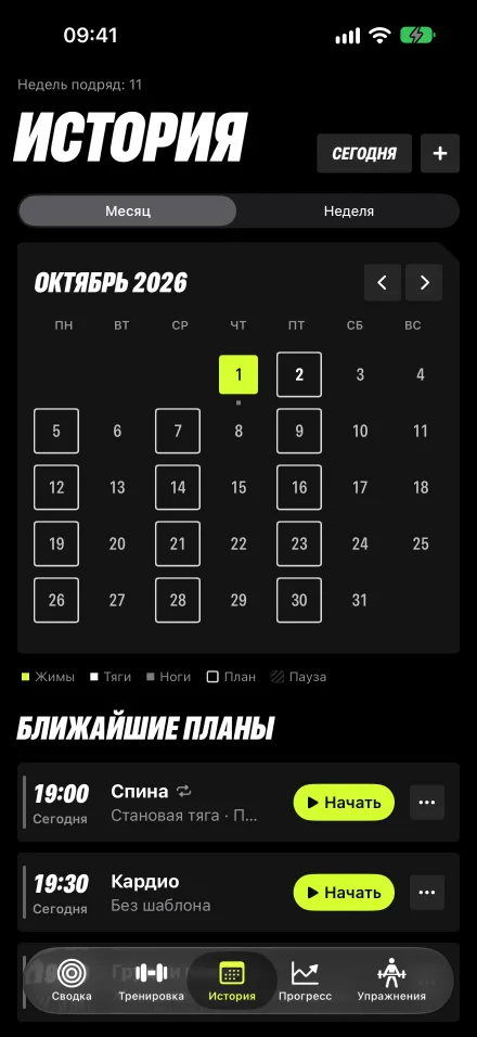Экран «История» в приложении: календарь тренировок квадратами и нагрузка по дням
