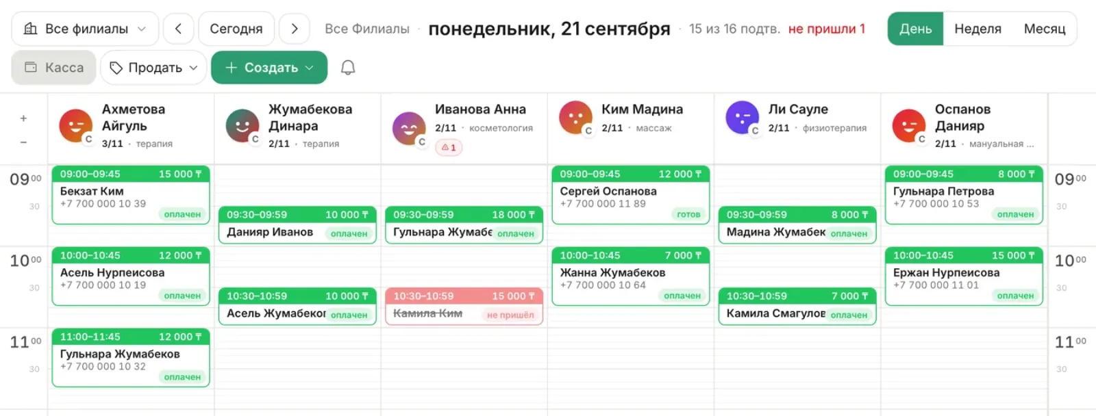 Расписание Kanri на день: специалисты, записи, оплаты